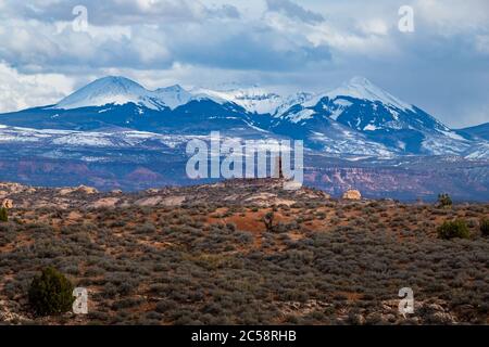 Bunte Ansicht der Parade der Elefanten Sandstein Felsformationen in der hohen Wüste mit schneebedeckten La Sal Berge im Hintergrund, Arches National Stockfoto