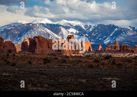 Bunte Ansicht der Parade der Elefanten Sandstein Felsformationen in der hohen Wüste mit schneebedeckten La Sal Berge im Hintergrund, Arches National Stockfoto