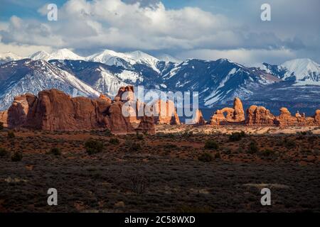 Bunte Ansicht der Parade der Elefanten Sandstein Felsformationen in der hohen Wüste mit schneebedeckten La Sal Berge im Hintergrund, Arches National Stockfoto