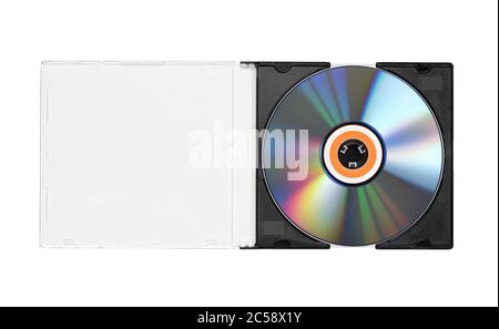Compact Disc mit Box isoliert auf weißem Hintergrund Stockfoto