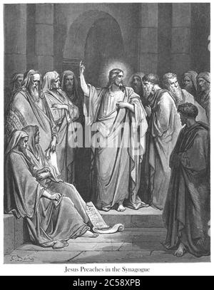 Christus predigen in der Synagoge [Matthäus 13:54] aus dem Buch "Bible Gallery" illustriert von Gustave Dore mit Memoir of Dore und Beschreibenden Brief-Presse von Talbot W. Chambers D.D. Herausgegeben von Cassell & Company Limited in London und gleichzeitig von Mame in Tours, Frankreich im Jahr 1866 Stockfoto