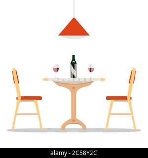 Esstisch mit einer Flasche Wein darauf. Vektorgrafik Stock Vektor