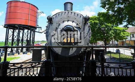 29. Juni 2020: Gesamtansicht der Strasburg Railroad, Norfolk & Western, 475 Dampflokomotive während der Parkierung am Bahnhof am Montag, 29. Juni 2020, in Ronks, Pennsylvania. Die Strasburg Railroad wurde am Freitag, den 26. Juni, nach ihrer Schließung aufgrund der COVID-19-Pandemie wieder für den Personenverkehr geöffnet. Für die Wiedereröffnung wurden zusätzliche gesundheitsbezogene Sicherheitsmaßnahmen getroffen. Rich Barnes/CSM Stockfoto