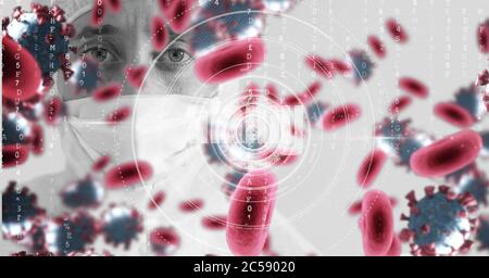 Scope-Scanning Covid-19 Zellen gegen Wissenschaftler tragen Gesichtsmaske Stockfoto