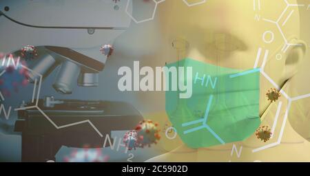 Covid-19 Zellen und chemische Strukturen gegen Mikroskop im Hintergrund Stockfoto