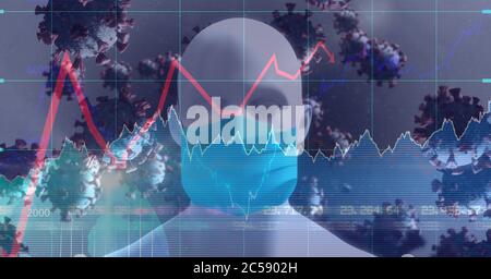 Covid-19 Zellen und Börsendatenverarbeitung gegen 3D-Modell mit Gesichtsmaske Stockfoto