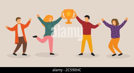 Gruppe von jungen Menschen mit Champion Cup Hintergrund. Glückliche positive Männer und Frauen feiern den Sieg und freuen sich zusammen. Erfolgreiche Teamarbeit. Flache Vektorgrafik. Stock Vektor
