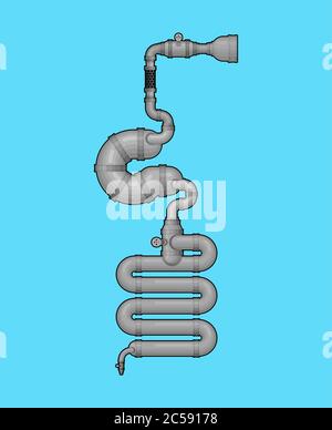 Metall Verdauungstrakt. Eisenmagen und Darm. Roboter-internes Organ. Cyborg Orgeln. Roboter gut Stock Vektor