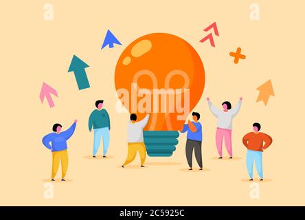 Flache Menschen mit Big Light Bulb Idee. Innovation, Brainstorming, Kreativitätskonzept. Charaktere, die gemeinsam an einem neuen Projekt arbeiten. Neue Idee oder Startup. Vektorgrafik Stock Vektor