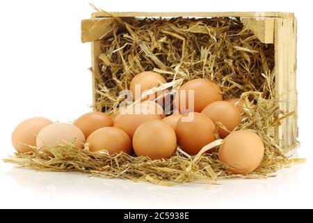 Ein paar frische braune Eier und etwas Stroh in einer Holzkiste auf weißem Hintergrund Stockfoto
