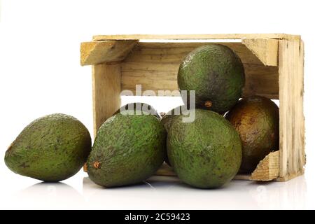 Frische und reife Avocado's in einer Holzkiste auf weißem Hintergrund Stockfoto