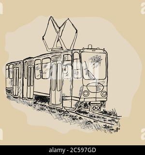 Tram isoliert auf weißem Hintergrund. Handgezeichnete Retro-Tram-Skizze. City Trolley. Passagiere, öffentliche Verkehrsmittel. Stadtobus. Stock-Vektor Stock Vektor
