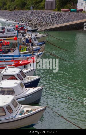 Boote liegen in Clovelly Harbour, North Devon, England Stockfoto