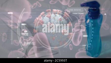 Scope-Scanning Covid-19 Zellen gegen Flasche Desinfektionsmittel im Hintergrund Stockfoto