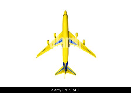 Gelbes Passagierflugzeug isoliert auf weißem Hintergrund. Draufsicht, flache Anordnung. Stockfoto
