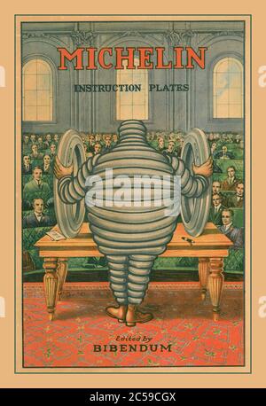 Vintage Reifen Michelin Anleitungsschilder Vintage 1913 Lithographie Werbeplakat Bibendum der Michelin Mann Stockfoto