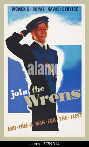 Poster zur Rekrutierung des Zweiten Weltkriegs UK für : 'WOMEN'S ROYAL NAVAL SERVICE' Join the Wrens 'AND FREE A MAN FOR THE FLEET' British Home Front 1939-1945 GEDRUCKT FÜR H.M. SCHREIBWARENBÜRO VON J. WEINER LTD., LONDON, Stockfoto