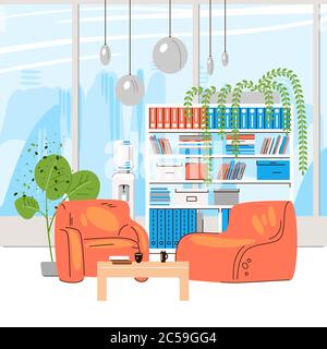 Vector Flat Collection of Creative Workplace mit modernen Open Space und leerem Büroinnenraum - Business und zeitgenössische Co-Working Illustration Stock Vektor