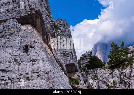 Italien, Venetien, Cortina d'Ampezzo, Ampezzan Dolomites, UNESCO-Welterbe, Falzarego Pass, Cinque Torri Nadeln, berühmte Kletterschule Stockfoto