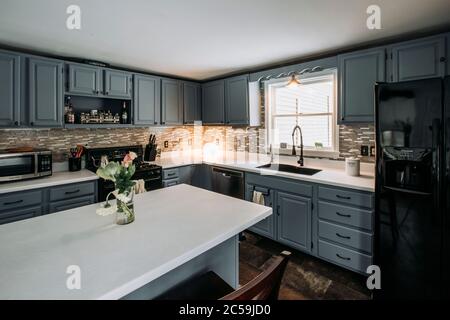 Grau-weiße Küche mit schwarzem Kühlschrank und Blumen Stockfoto