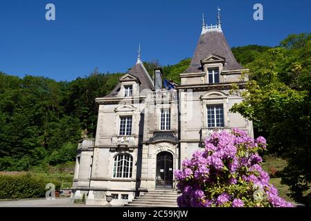 Frankreich, Haute Saone, Plancher les Mines, Place de l Hotel de ville, Rathaus, Rhododendron, Blüte Stockfoto