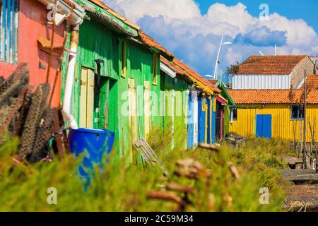 Frankreich, Charente-Maritime (17), île d'Oléron, Le Château-d'Oléron, Port ostréicole du pâté, cabanes ostréicoles transformées en Ateliers de créateurs Stockfoto