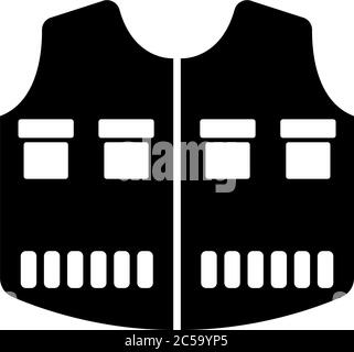 Angelweste, Jagdjacke, Camping-Kleidung. Abbildung des Symbols für flache Vektorgrafik. Einfaches schwarzes Symbol auf weißem Hintergrund. Fischweste, Jagdjacke s Stock Vektor