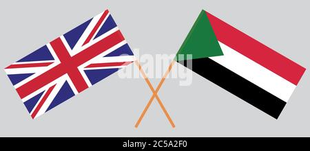 Gekreuzte Flaggen des Sudan und des Vereinigten Königreichs. Offizielle Farben. Korrektes Verhältnis. Vektorgrafik Stock Vektor