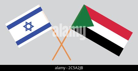 Gekreuzte Flaggen des Sudan und Israels. Offizielle Farben. Korrektes Verhältnis. Vektorgrafik Stock Vektor
