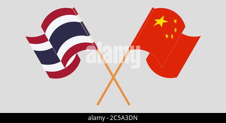 Gekreuzte und winkende Flaggen von Thailand und China. Vektorgrafik Stock Vektor