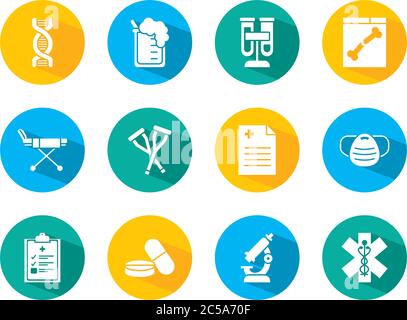 dna-Kette und medizinisches Symbol auf weißem Hintergrund, Blockstil, Vektorgrafik gesetzt Stock Vektor