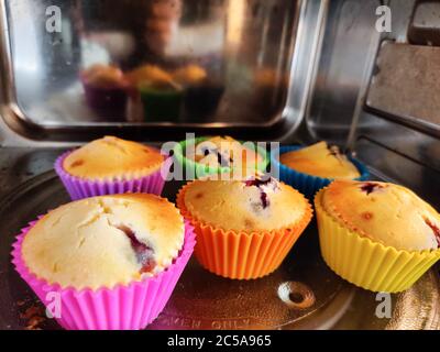 Frisch gebackene Muffins in bunten Tassen in einer glänzenden Mikrowelle Stockfoto