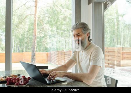 Inhalt moderner graubärtiger Mann, der an der Küchentheke sitzt und im Landhaus einen Laptop benutzt Stockfoto