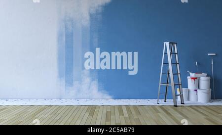 3d-Rendering-Bild der Malerei blaue Wand in einem leeren Raum. Leiter und paiting Werkzeuge auf Holzboden platziert. Stockfoto