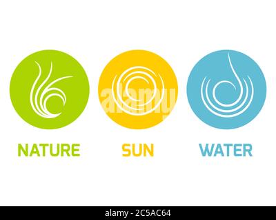 Grüne Natur, Gelbe Sonne und Blaues Wasser - flache Design-Symbole im Kreis. Ökologie, Natur oder Reisebüro Thema. Stock Vektor