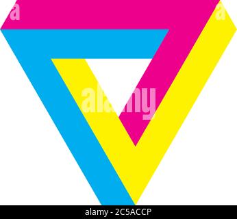 Penrose Triangle Icon in CMY Farben. Geometrische 3D-Objekt optische Illusion. Vektorgrafik. Design des Druckstudios. Stock Vektor