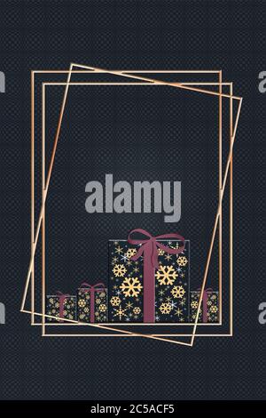 Stilvoller Luxus Schwarzer Freitag, Geburtstag, Verkauf, Weihnachtskonzept. Gold glänzende Rahmen und eingewickelte Geschenkboxen mit Schleife auf dunklem Hintergrund mit Illusion. Abbildung. Platz kopieren, Banner. 3D-Illustration Stockfoto