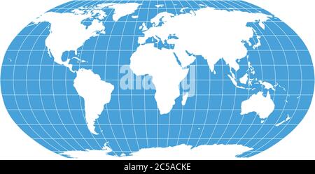 Weltkarte in Robinson Projektion mit Meridianen und Parallelen Gitter. Weißes Land und blaues Meer. Vektorgrafik. Stock Vektor