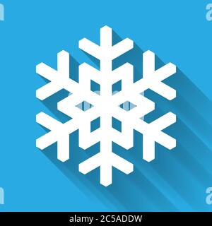 Schneeflocke-Symbol. Weihnachten und Winter Thema. Einfache flache weiße Illustration mit langen Schatten auf blauem Hintergrund isoliert. Stock Vektor