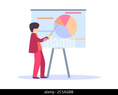 Mann in roter Farbe zeigt einen Zeiger auf ein Diagramm. Runde mehrfarbige Karte, Darstellung der Indikatoren. Vektorgrafik Stock Vektor