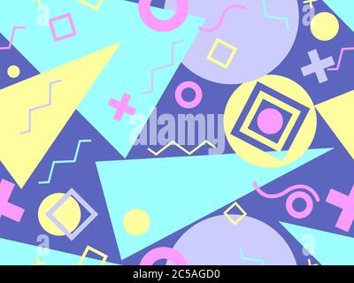 Memphis Nahtloses Muster mit geometrischen Formen im Stil der 80er Jahre. Mehrfarbige Dreiecke, Kreise und Zickzack für Werbeartikel, Wrappin Stock Vektor
