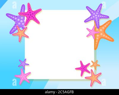 Sommerrahmen mit Seesternen. Draufsicht. Flacher Schnitt. Platz für Text, Webbanner. Vektorgrafik Stock Vektor