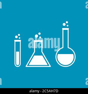 Weiße Laborglasgeräte-Symbole auf blauem Hintergrund. Chemische Becher. Konzept der Wissenschaftsforschung. Reagenzglas, erlenmeyer, Kolben, Behälter und Chemikalien. Vektor Stock Vektor