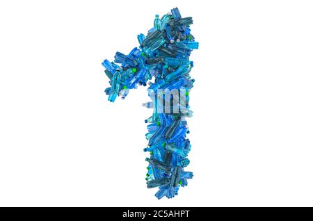 Nummer 1 aus Plastikwasserflaschen, 3D-Darstellung isoliert auf weißem Hintergrund Stockfoto