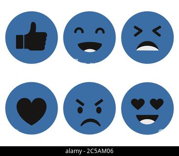 Set von Emoticon mit Emoji Flat Design Style blaue Farbe, Social Media Reaktionen. Smiley Vektor Illustration. Stock Vektor