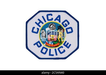 Offizieller Schulterfleck der Chicagoer Polizeibehörde isoliert auf weißem Hintergrund. Das lateinische Motto 'Urbs in horto' (Stadt im Garten), darauf aufgenäht. Stockfoto