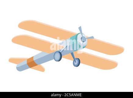 Retro klassischen Doppeldecker im Flug Vektor flache Illustration isoliert auf weißem Hintergrund. Flugzeug, Transport, Flug, Reisesymbol. Flugzeugpropeller mit zwei Flügeln. Stock Vektor