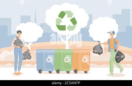 Lächelnde Menschen setzen Müll in Containern Vektor-flache Illustration. Männer üben Müllabfuhr, Sortierung und Recycling. Umweltfreundlicher Lebensstil, Umweltschutzkonzept. Stock Vektor