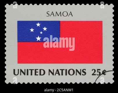 SAMOA - Briefmarke der Samoa Nationalflagge, Serie der Vereinten Nationen, um 1984. Stockfoto