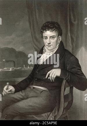 ROBERT FULTON (1765-1815) amerikanischer Ingenieur und Erfinder, Dampfschiff im Hintergrund. Stockfoto